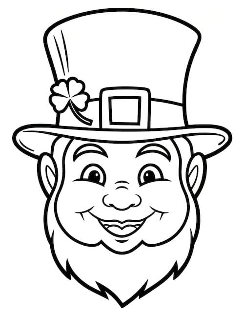 leprechaun with a wide smile, a fluffy beard, and a tall hat decorated with a shamrock.