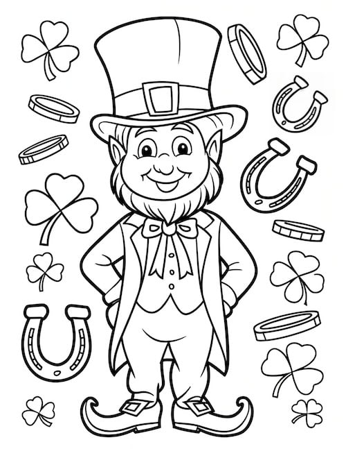 leprechaun standing among lucky charms, including gold coins, horseshoes, and four-leaf clovers.