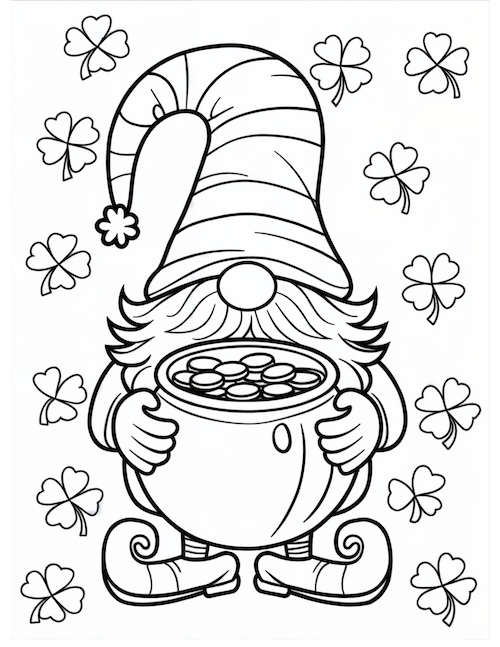 leprechaun gnome holding a large pot of gold, surrounded by floating shamrocks.