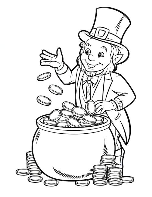 Black and white coloring page of a happy leprechaun wearing a suit and top hat, joyfully tossing gold coins from a large pot of gold.