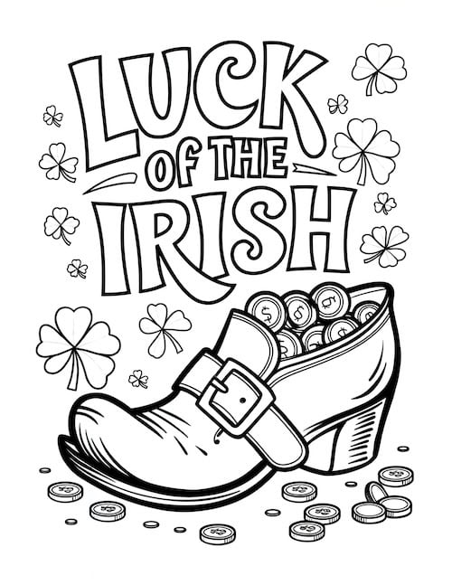 shoe filled with gold coins, surrounded by shamrocks, with the words "Luck of the Irish" written above.