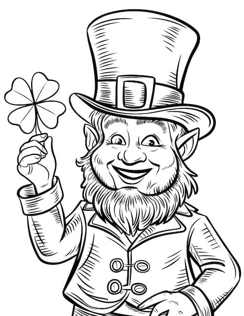  leprechaun wearing a tall hat and a coat, smiling while holding a lucky four-leaf clover.