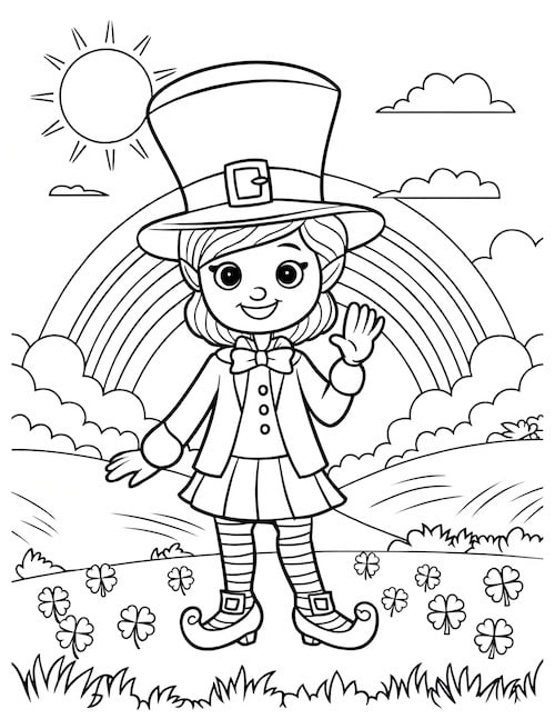 girl dressed in Irish clothing waving, standing in front of a rainbow with a bright sun and shamrocks in the grass.