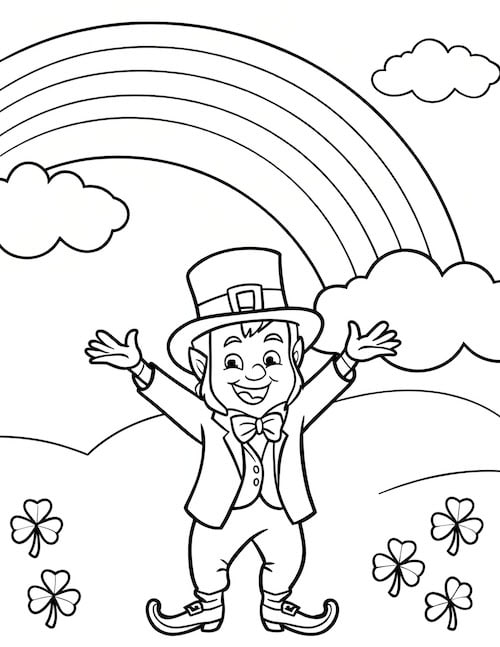 coloring page of a leprechaun with arms wide open, standing under a rainbow with shamrocks around him.