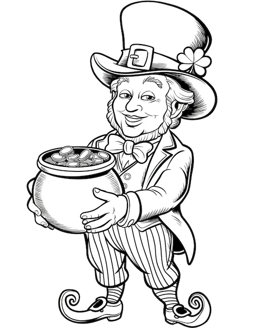 well-dressed leprechaun in a striped suit and bow tie, holding a pot filled with gold coins.