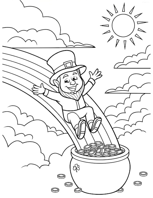 leprechaun sliding down a rainbow into a big pot of gold, with a bright sun and fluffy clouds in the background.