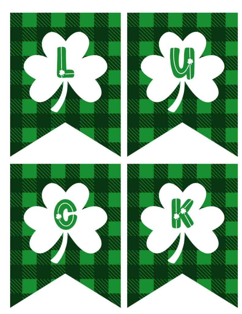 A printable sheet of four banner pieces for a St. Patrick’s Day "LUCKY" banner. Each piece features a white shamrock with a letter on a green and black buffalo plaid background. The letters "L," "U," "C," and "K" are decorated with small shamrocks.