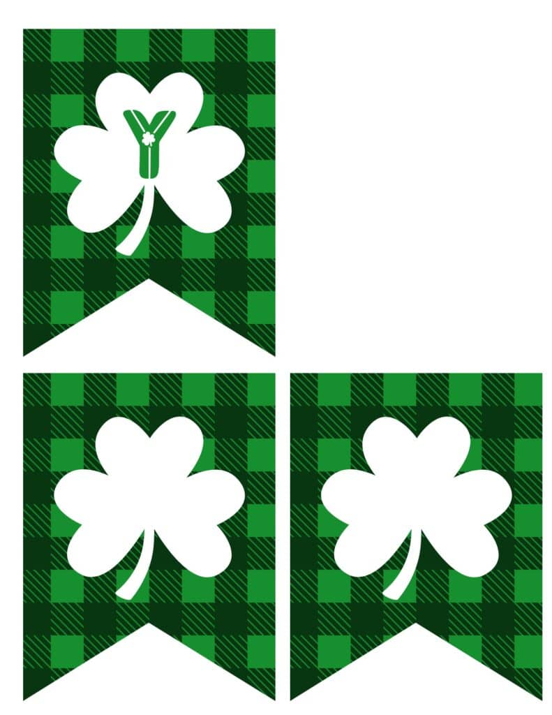 three banner pieces for a St. Patrick’s Day "LUCKY" banner. The pieces feature white shamrocks on a green and black buffalo plaid background, including the letter "Y" and two blank shamrocks for customization.