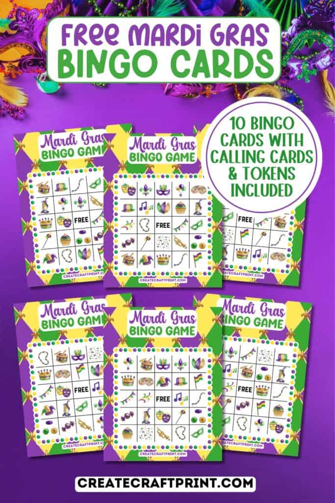 Free Mardi Gras Bingo Cards with 10 unique designs, calling cards, and tokens included.