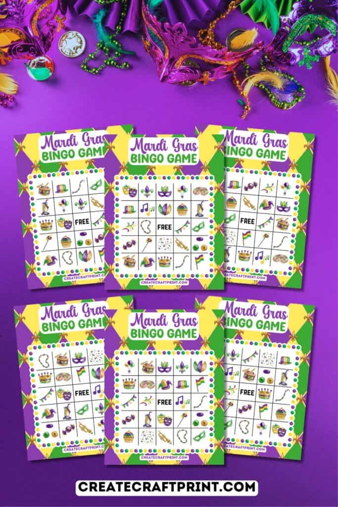 free printable Bingo Game featuring festive cards, calling tokens, and vibrant decorations on a purple background with beads and feathers. 