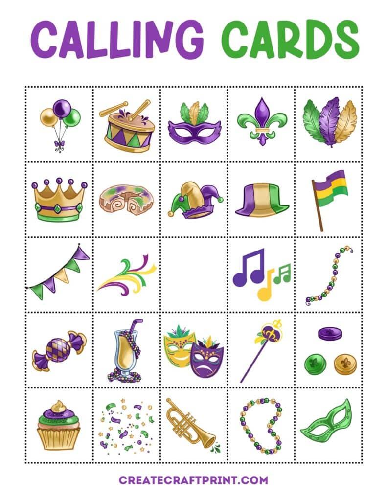 printable calling Cards with vibrant symbols like drums, hats, and masks.