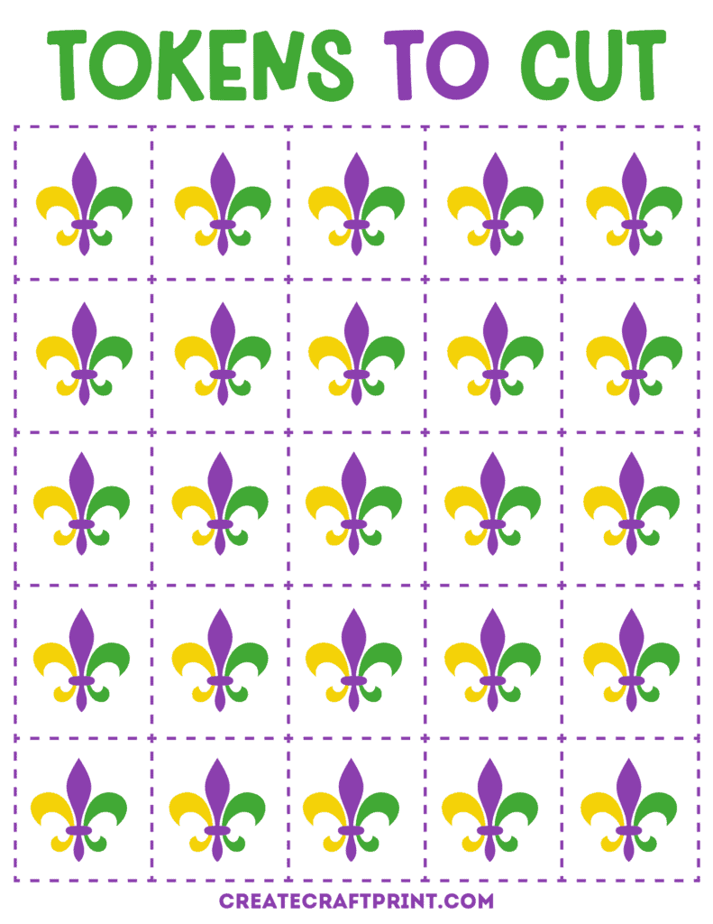 Tokens with purple, green, and gold fleur-de-lis designs.