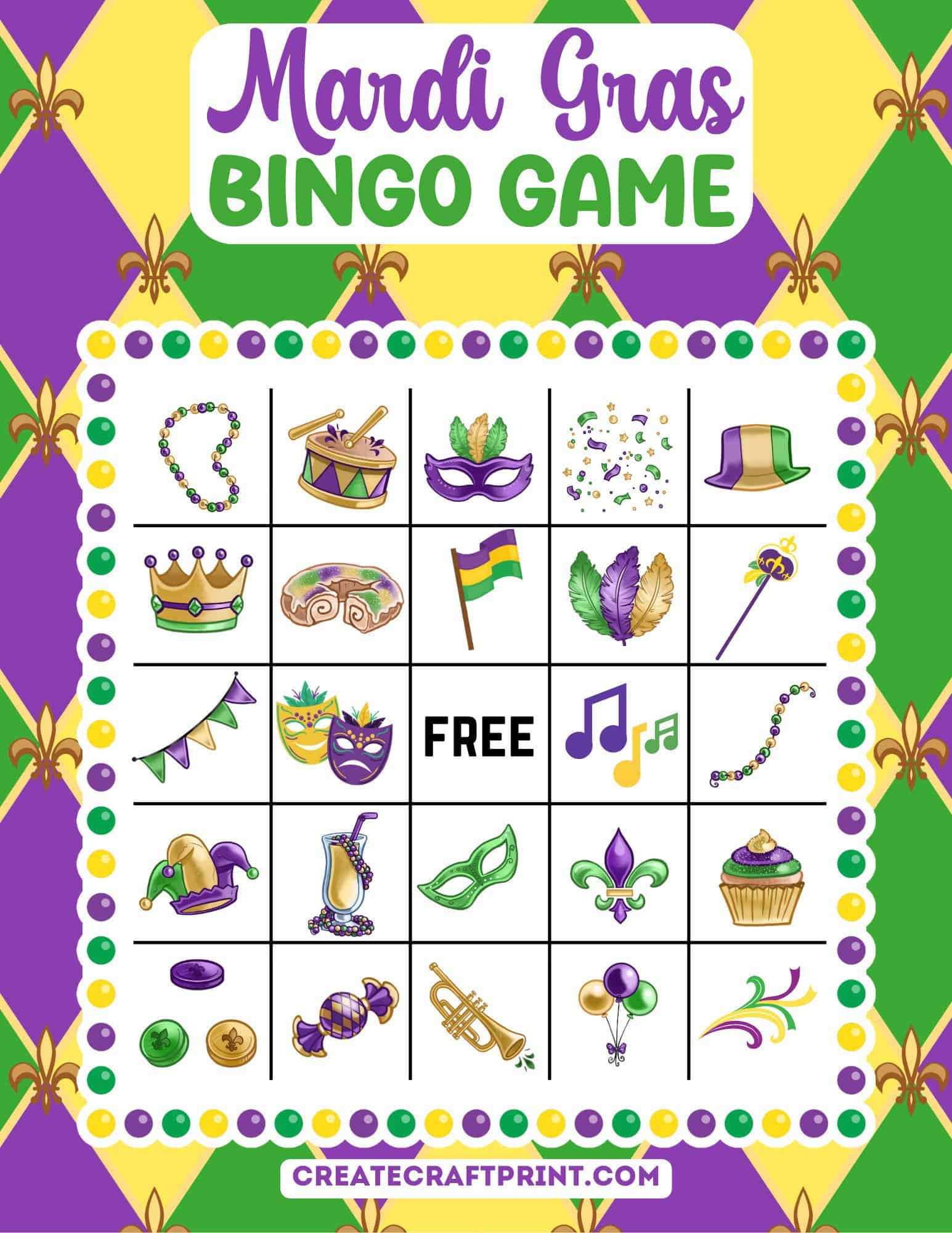 Printable Mardi Gras Bingo Game Card with festive icons like masks, beads, and crowns.