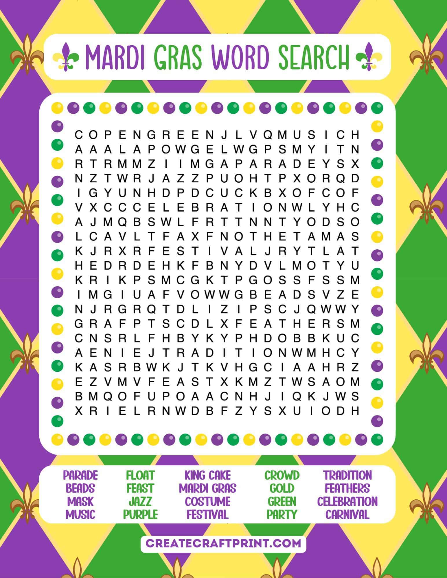 Mardi Gras word search for kids - easy difficulty with festive colors and themed words.