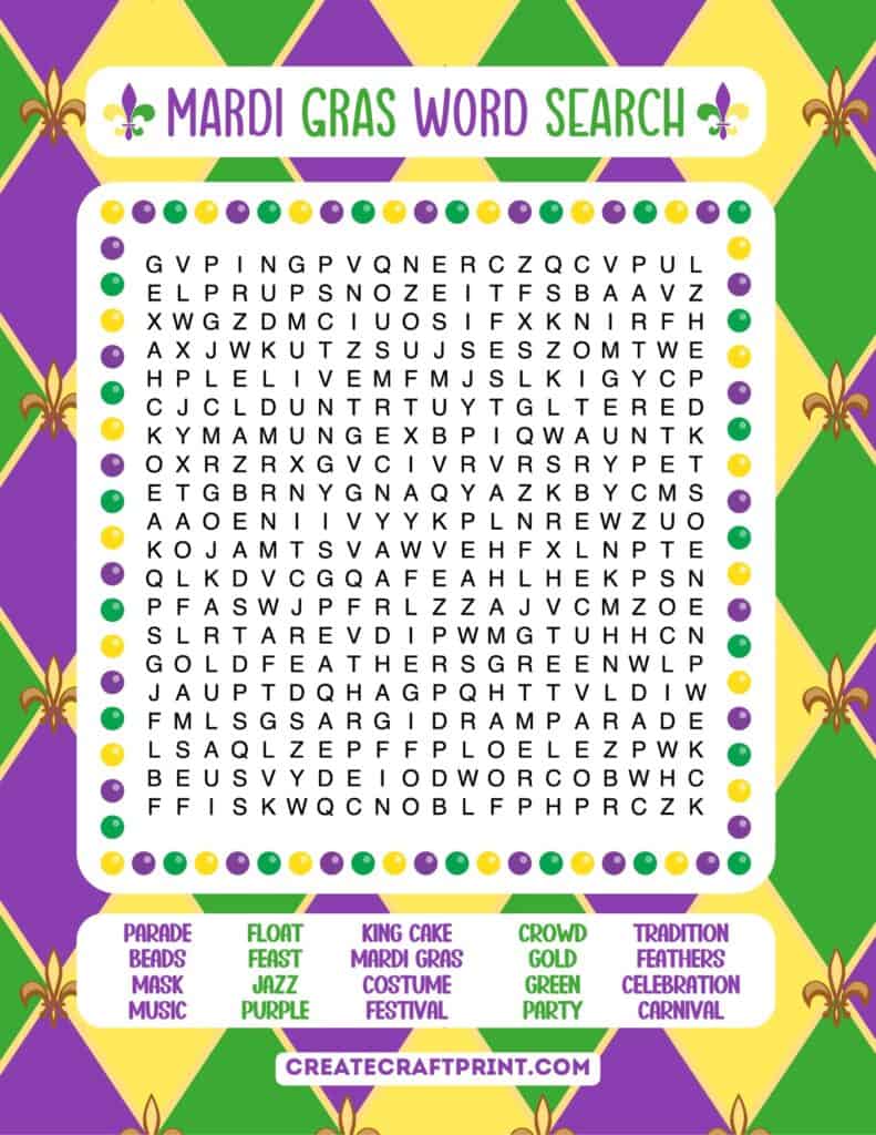 "Mardi Gras word search for adults -  hard difficulty with backward and diagonal words