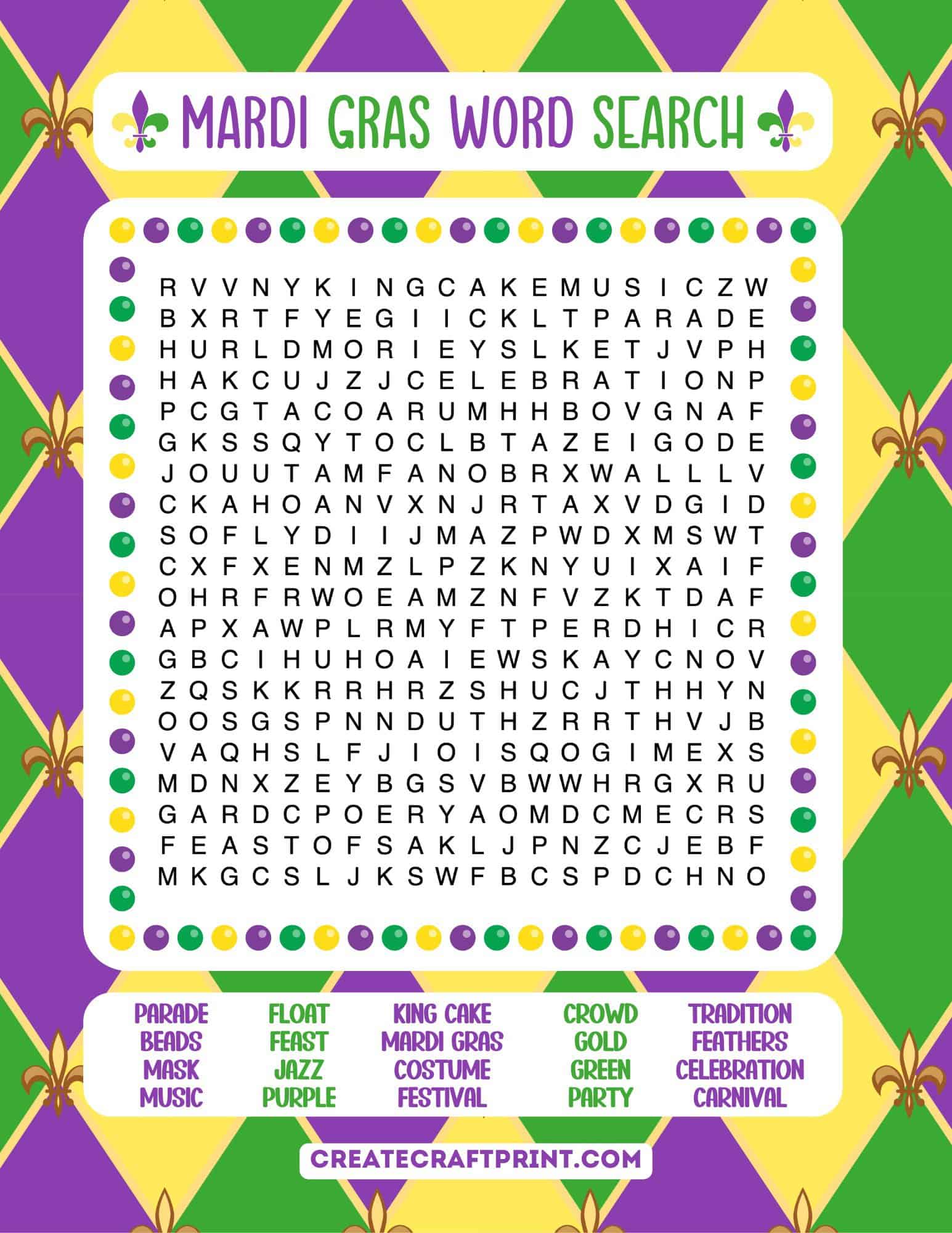 Mardi Gras word search for kids - medium difficulty with diagonal words and colorful design.