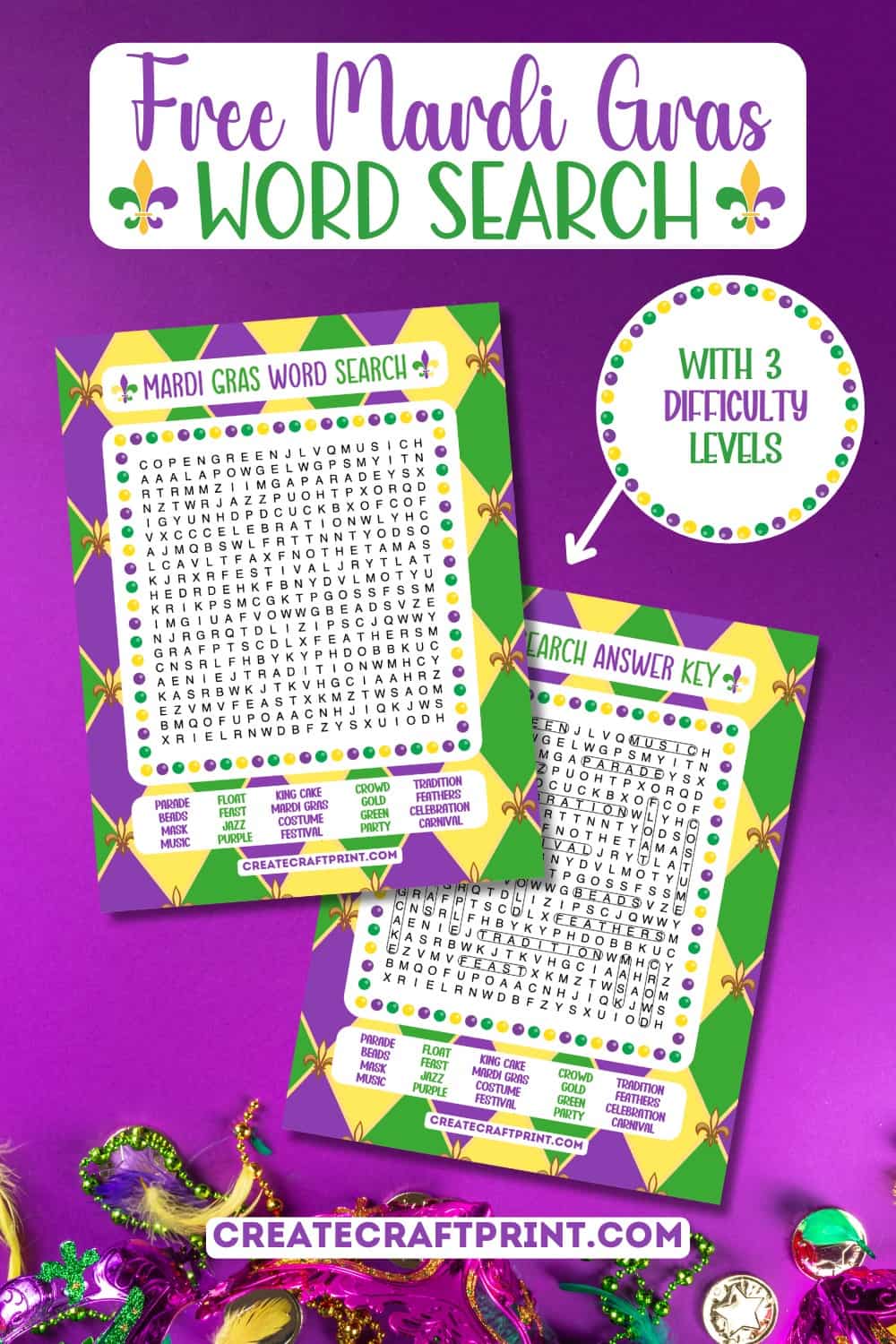 free printable mardi gras word search with an answer key on a purple background with beads, coins and feathers.