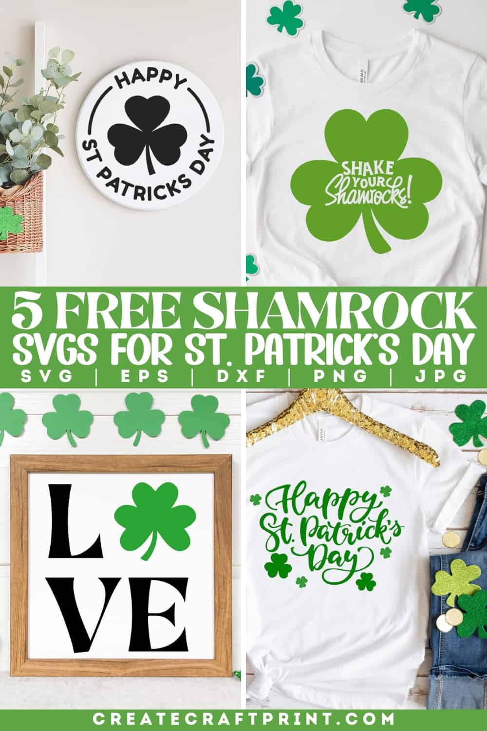 free shamrock SVG files for St. Patrick’s Day crafts, including t-shirt designs, wall art, and DIY decorations. Available in SVG, PNG, DXF, JPG, and EPS formats for Cricut and Silhouette projects.