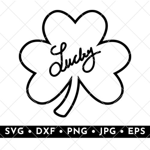 Lucky shamrock outline SVG featuring hand-drawn script inside a clover. 