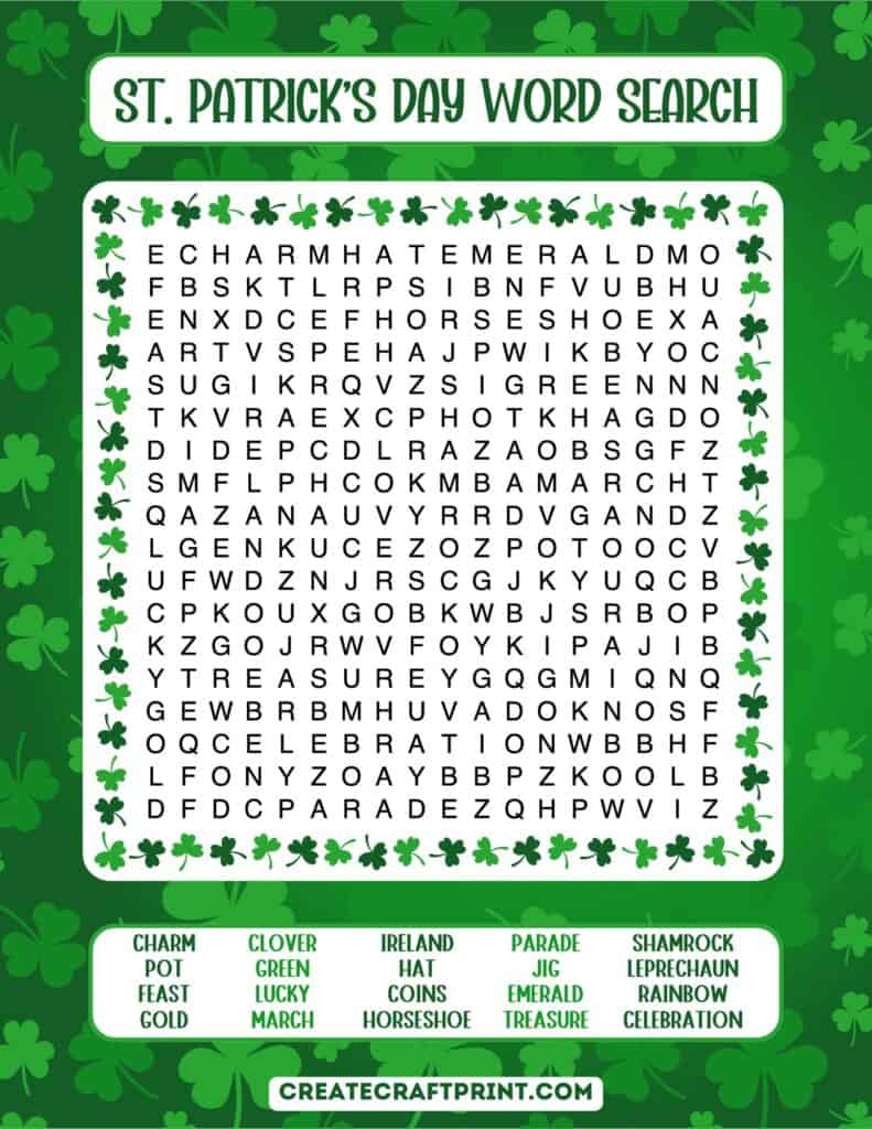 A St. Patrick's Day word search puzzle with 20 themed words like 'Shamrock' and 'Leprechaun' on a green background with shamrock decorations.