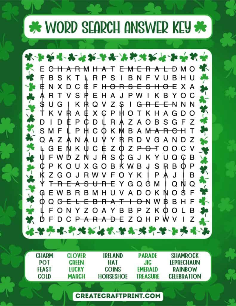 Answer key for the easy word search puzzle, highlighting the locations of 20 themed words.