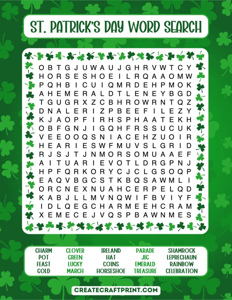 A challenging St. Patrick's Day word search puzzle with 20 themed words, set against a bright green background with shamrock details.