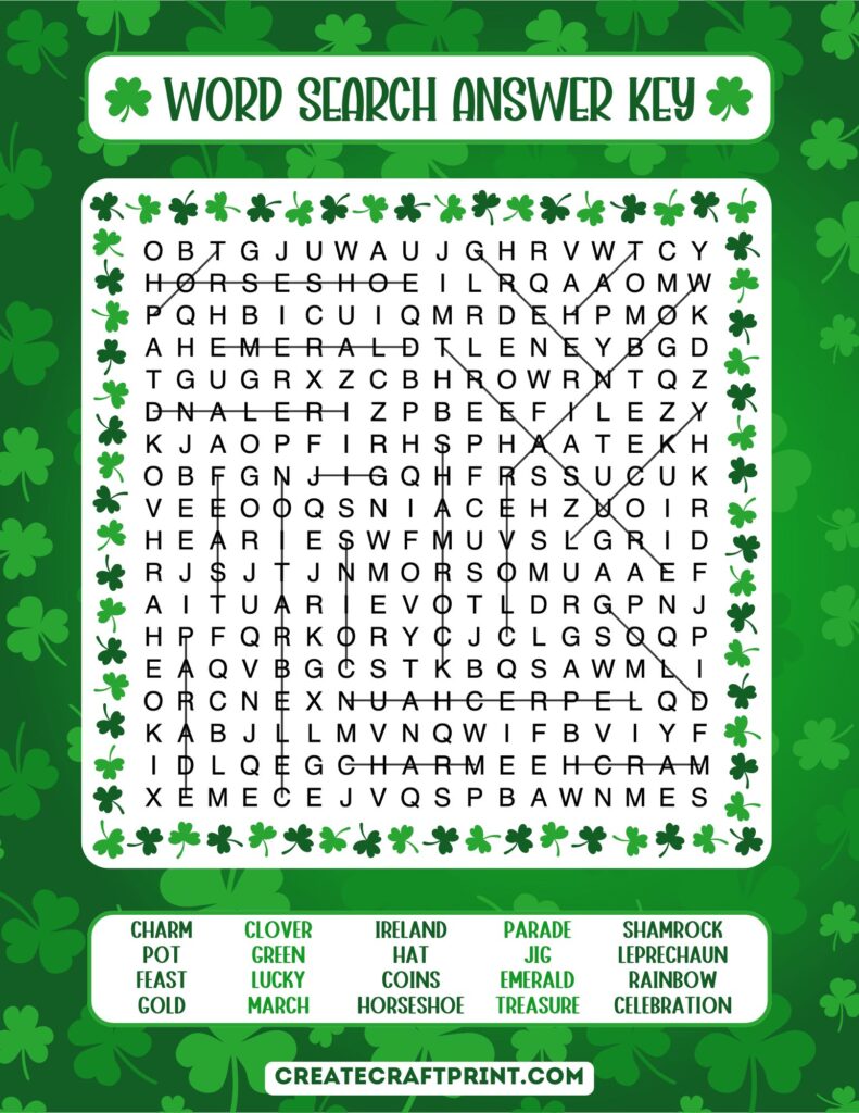 Answer key for a hard-level puzzle, displaying the solutions for the themed words on a festive green St. Patrick's day background.