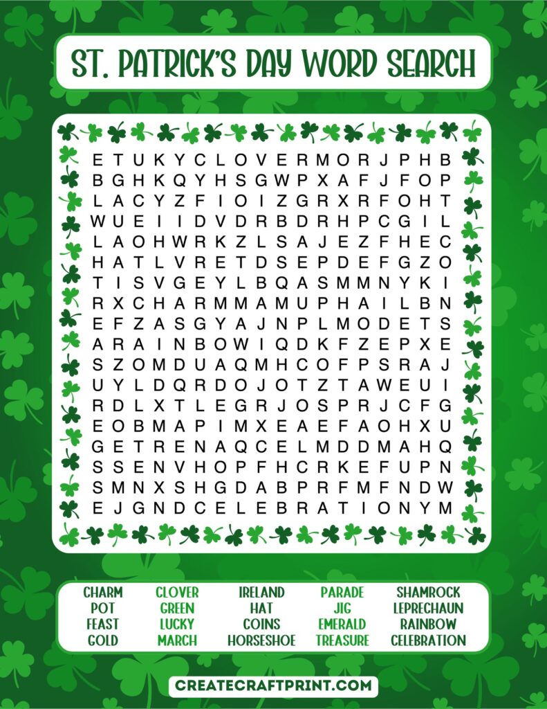 A medium-level puzzle featuring 20 themed words, designed with a festive green background with shamrock accents.