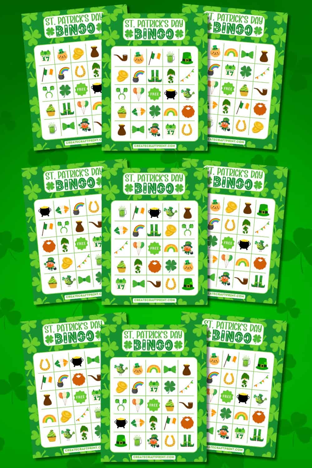 A set of free printable bingo cards displayed on a green shamrock-patterned background. 