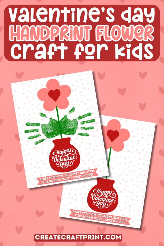 handprint craft pages, one sample with handprints and the other blank on a pink background with hearts.