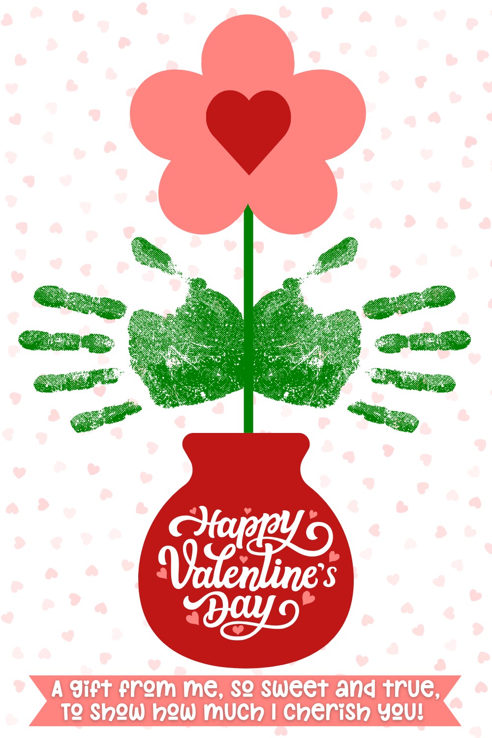 handprint flower craft featuring a pink flower with a red heart center, green handprints as leaves, and a red vase.