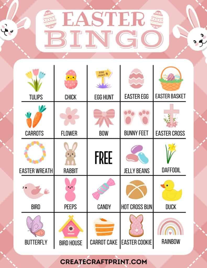 A free printable Easter Bingo card with a pink background and a 5x5 grid of Easter-themed icons, including a rabbit, Easter eggs, a basket, flowers, a chick, and candy. The card has a free space in the center.