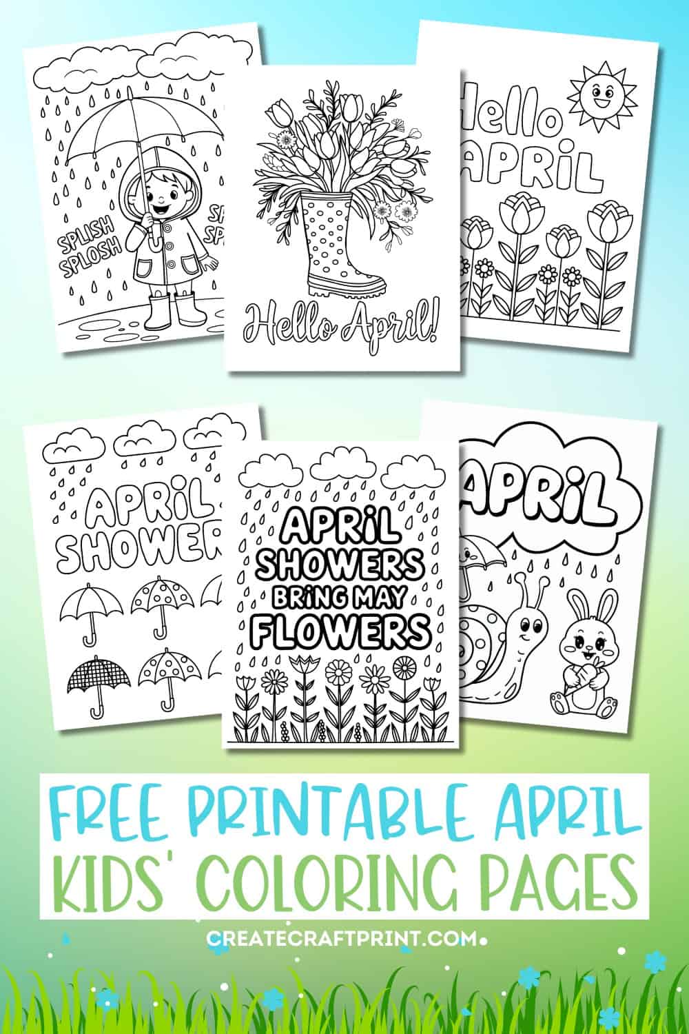 a collection of free printable April coloring pages for kids of all ages