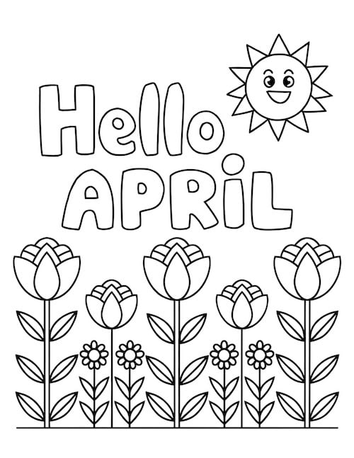 Hello April coloring page with sun and blooming flowers.