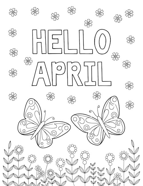 Hello April butterfly and flower coloring page.