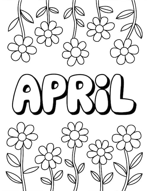 April coloring page with flowers and bold bubble letters.