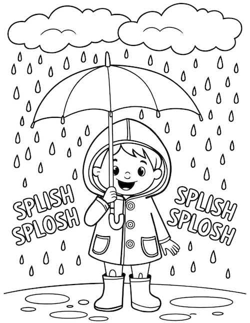 Rainy day coloring page of a child with umbrella and raindrops.