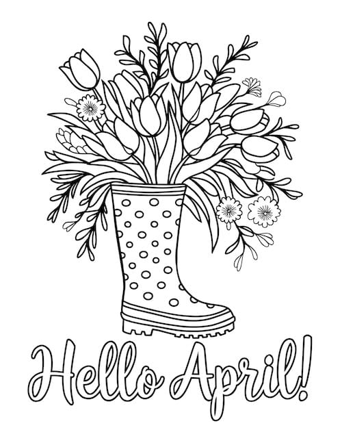 coloring page with tulips in a rain boot.