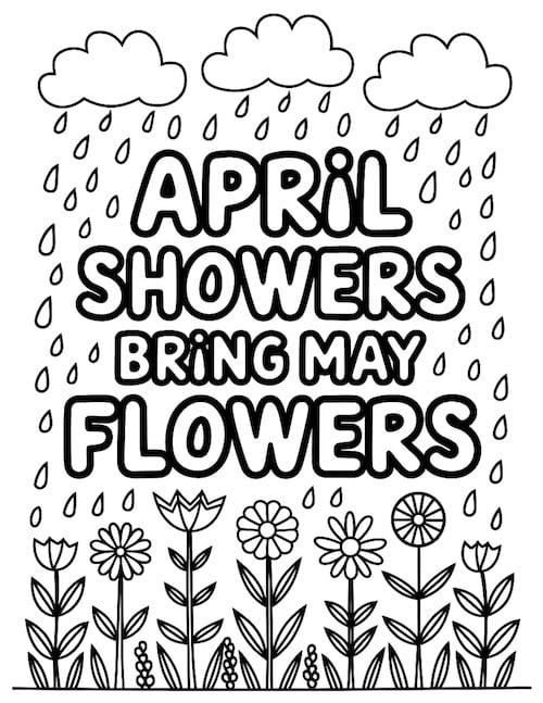 April showers bring May flowers coloring page with raindrops and flowers.