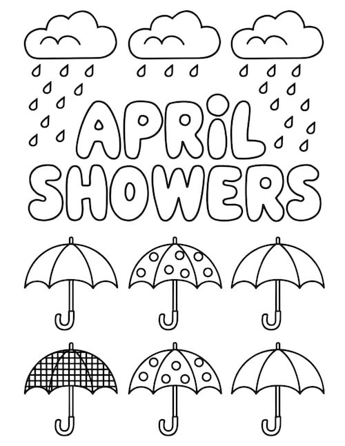 april showers coloring page with umbrellas and clouds.