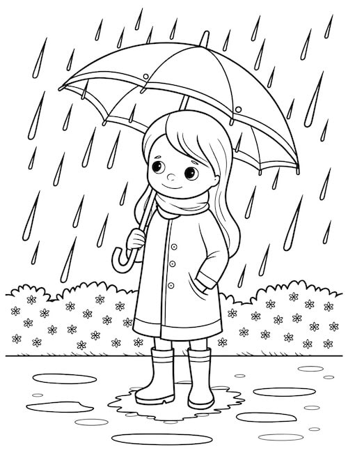 Spring rain coloring page of a girl holding an umbrella in puddles.