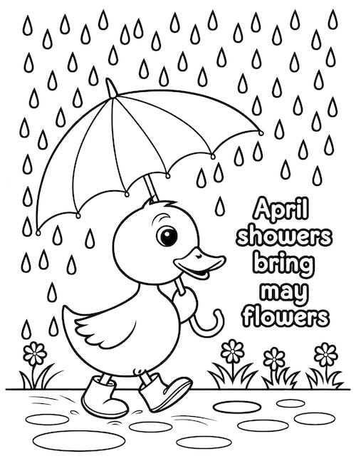 Cute duck in rain boots with umbrella and raindrops.