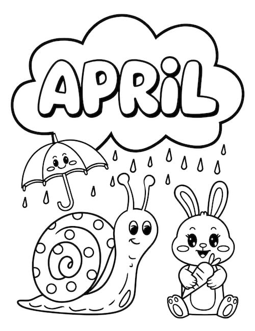 happy snail, bunny, and raindrops coloring sheet.