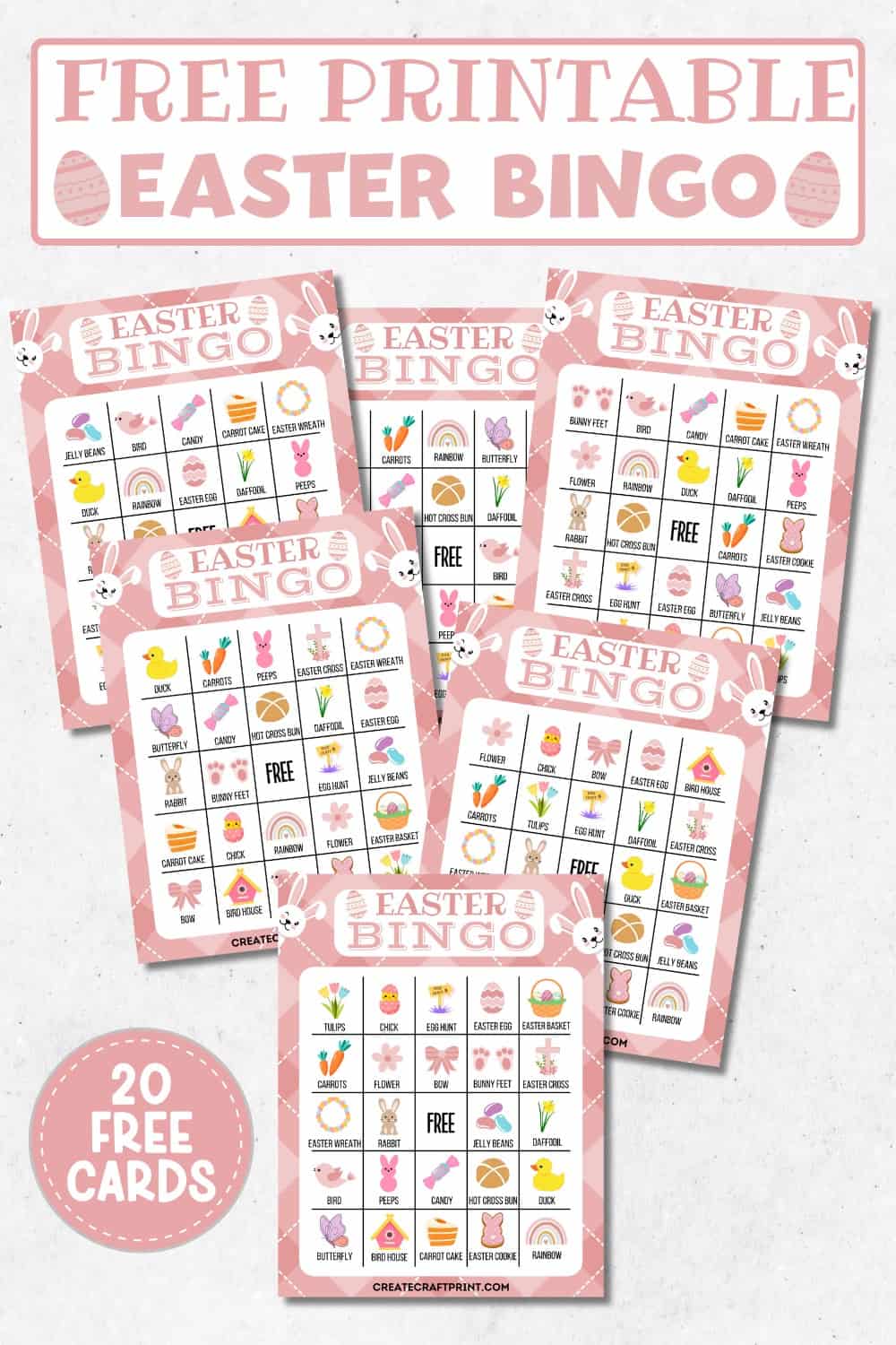 A collection of free printable Easter Bingo cards with pastel pink designs, featuring various Easter-themed images like bunnies, eggs, flowers, and candy. 