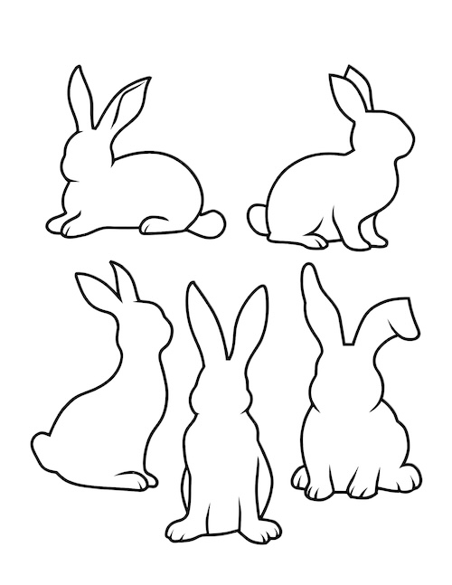 Assorted silhouettes with five sitting bunnies.