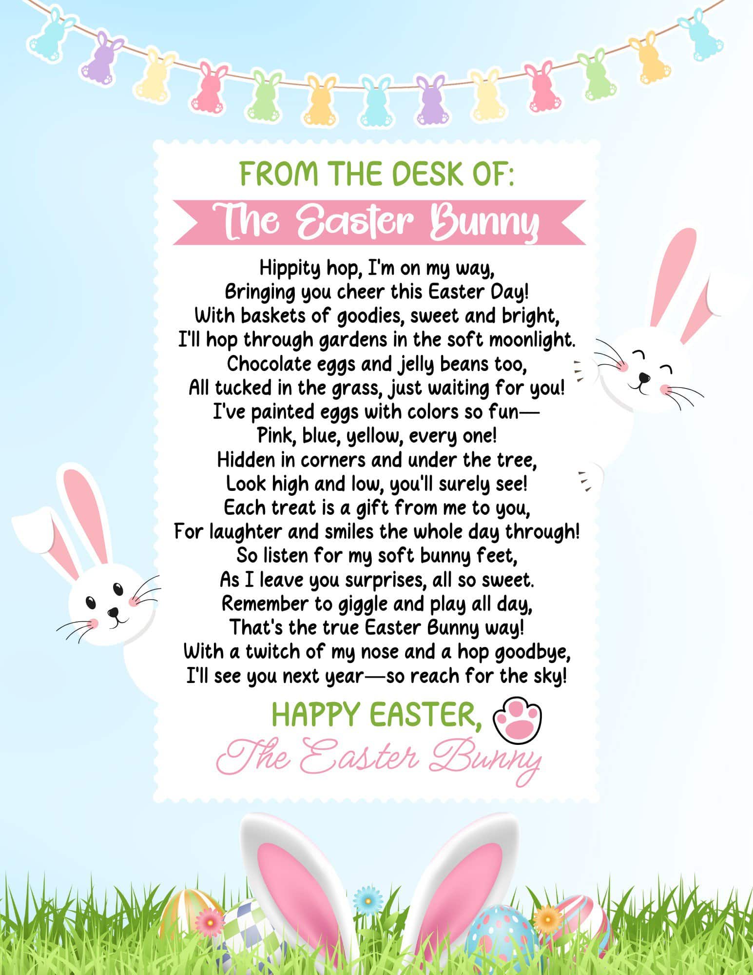 Free printable letter for kids featuring a pastel blue background, colorful bunny garland, playful bunny illustrations, and a sweet Easter poem signed by 'The Easter Bunny,' surrounded by Easter eggs and grass.