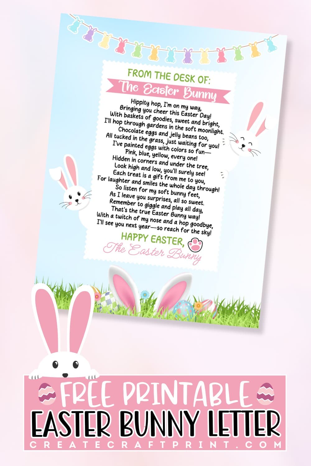 Free Printable Easter Bunny letter for kids with a cute design, pastel bunny banner, hopping bunny illustrations, and a cheerful Easter poem, displayed on a light pink gradient background